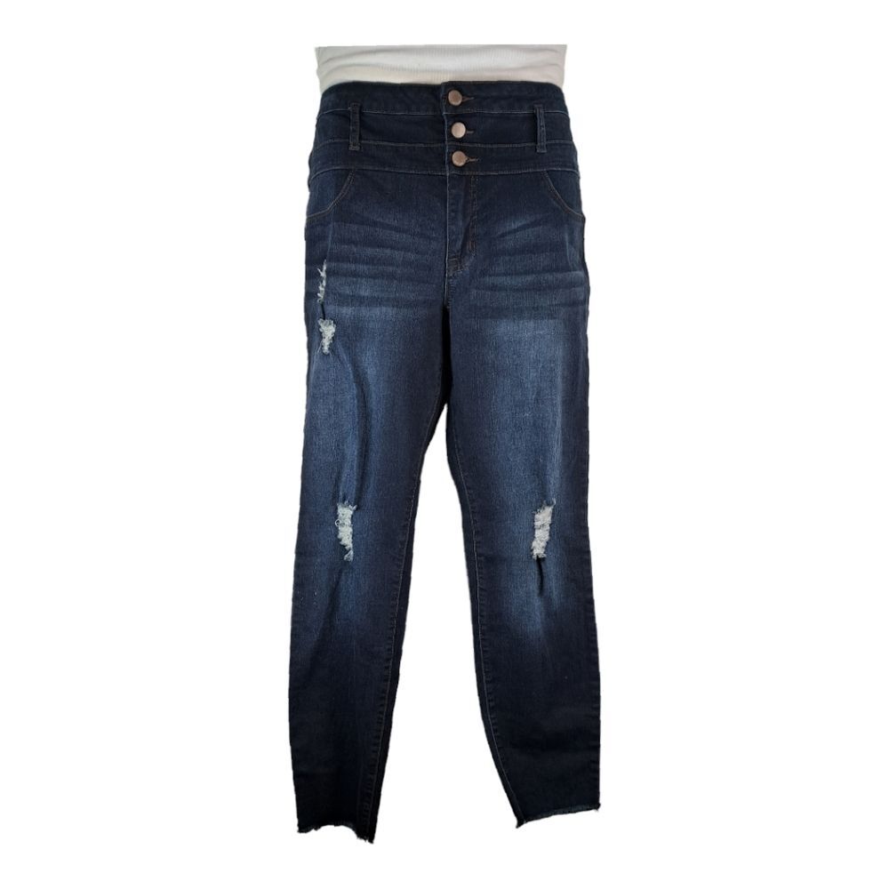 Refuge Women's Skinny 3-Tier High-Rise Ibiza Distressed Jeans Size 16 Dark Wash